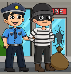 Police Man Arresting A Thief Colored Cartoon