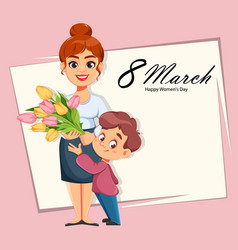 Happy Womens Day Boy Giving Flowers To His Mom