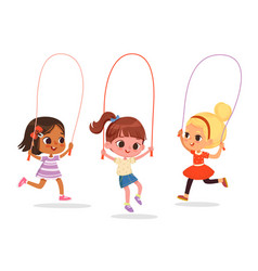 Happy Cute Kids Girls Play Jump Rope