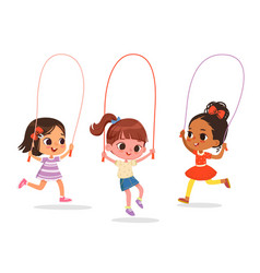 Happy Cute Multicultural Girls Play Jump Rope