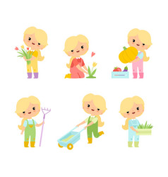 Little Blond Girl In Jumpsuit At Farm Working In