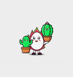 Cute Cartoon Dragon Fruit Hold Cactus Plant In Pot