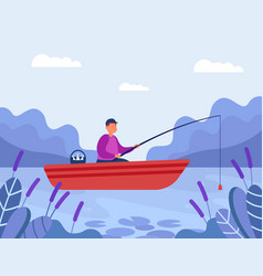 Happy Fisher Man With Fishing Rod In Boat On Lake