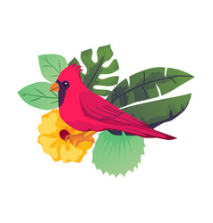 Red Cardinal Tropical Bird In Leaves Cartoon