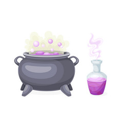 Boiling Witch Cauldron And Glass Jar With Poison