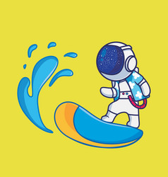 Cute Astronaut Playing Surfboard Huge Wave