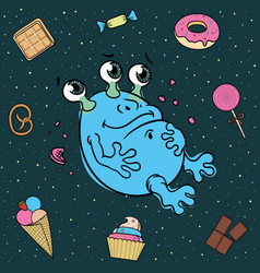 Cartoon Of A Cute Alien Glutton Surrounded