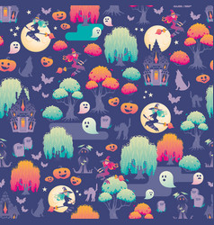 Cute Spooky Halloween Forest In Lilac Green