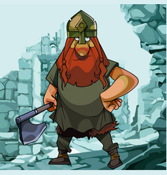 Cartoon Viking On A Background Of Blue Ruins