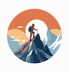 Hiker On The Top Of Mountain In Flat Style