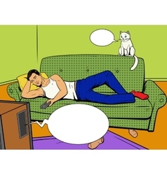 Man Lying On Couch Watching Tv Comic Book Style