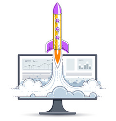 Startup Rocket Take Off Over Computer Monitor