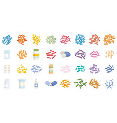 Probiotics Icons Set Flat Stomach