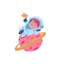 Cartoon Boy Astronaut Holding Flag Cute Cosmonaut