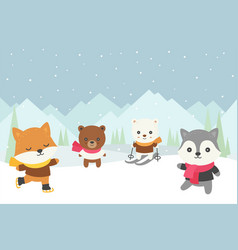 Winter Animals Doodle Playing In Snow Mountain