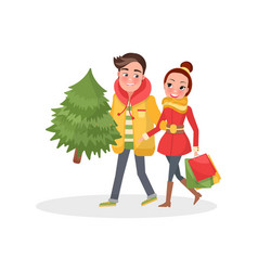 Merry Couple Returns From Shopping Christmas Tree