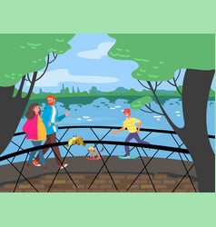 Cheerful People Walking Bridge Across River