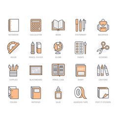 School Supplies Flat Line Icons Set Study Tools