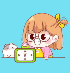 Cute Girl Turn Off Alarm Clock Cartoon