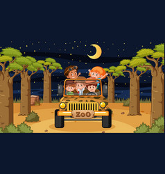 Safari At Night Scene With Many Kids In A Jeep Car