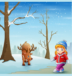 Little Girl With Deer On Snow Field