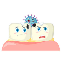 Cartoon Teeth Decay With Bacteria On White