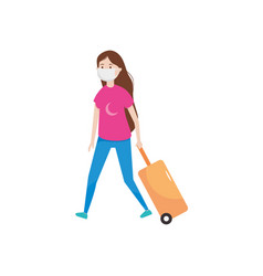 Cartoon Woman With Mouth Mask And Pulling Suitcase