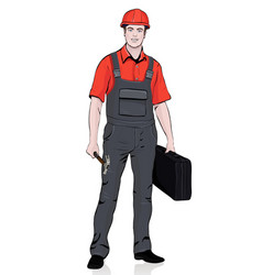 Builder Standing Front Side Cartoon Portrait