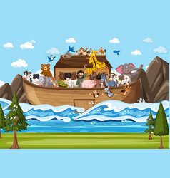 Noahs Ark Floating With Many Animals In Ocean