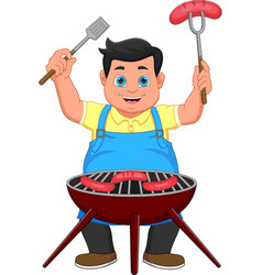 Young Man Cooking Meat At Bbq Party