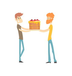 Two Men Holding Festive Cake Cartoon