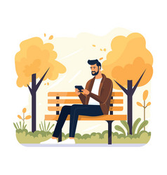 Young Man Sitting On Bench Park And Holding