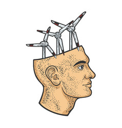 Wind Turbine In Head Line Art Sketch