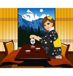 Woman In Kimono Pouring Tea