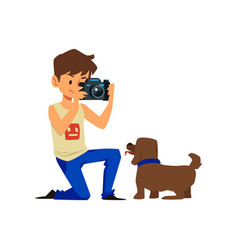 Cute Boy Photographing Dog With Professional