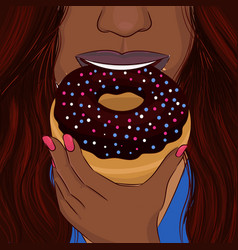 Dark Woman Eat Donut With Chocolate Glaze Hand