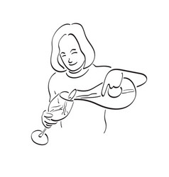 Woman Pouring Win On The Glass Hand Drawn