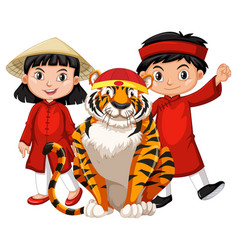 Chinese Boy And Girl In Red Costume With Tiger