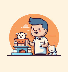 Cute Boy With Cat And Dog In Pet Shop