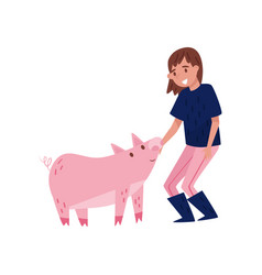 Girl Standing Next To Pig Female Farmer Taking