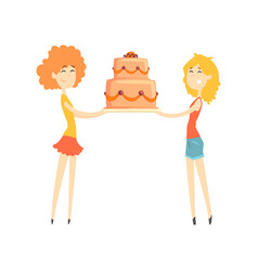 Two Smiling Young Women Holding Festive Cake