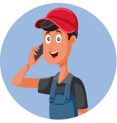 Happy Repairman Answering A Phone Call Cartoon