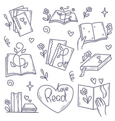 Reading And Books Doodle Sketch Style Set Cute