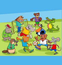 Cartoon Animal Soccer Playing Match On Football