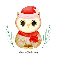 Merry Christmas With Watercolor Cute Owl Wearing