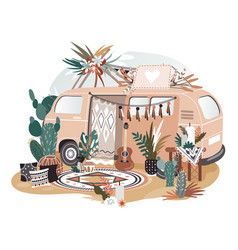 Hippie Van In Boho Style Retro Decoration