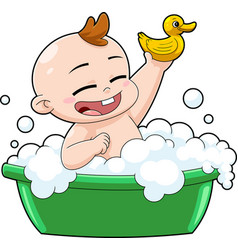 Happy Baby Boy Cartoon Character Bathes In A Basin