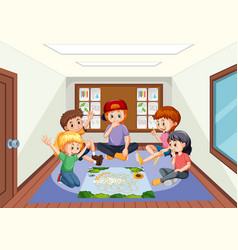 A Room Scene With Children Playing Board Game