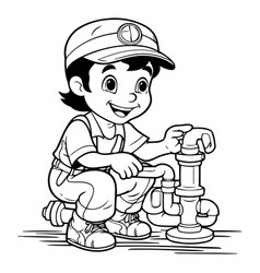 Black And White Cartoon Of Kid Boy Plumber