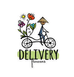 Floral Delivery Asian Man Drive Bicycle